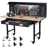 ACONEE 60" Adjustable Workbench with Drawer Storage, Heavy-Duty Worktable with Pegboard & Power Outlet, Solid Steel Frame, 2000LBs Load Capacity Rubber Wood Top Workbench for Garage, Office, Workshop ACONEE