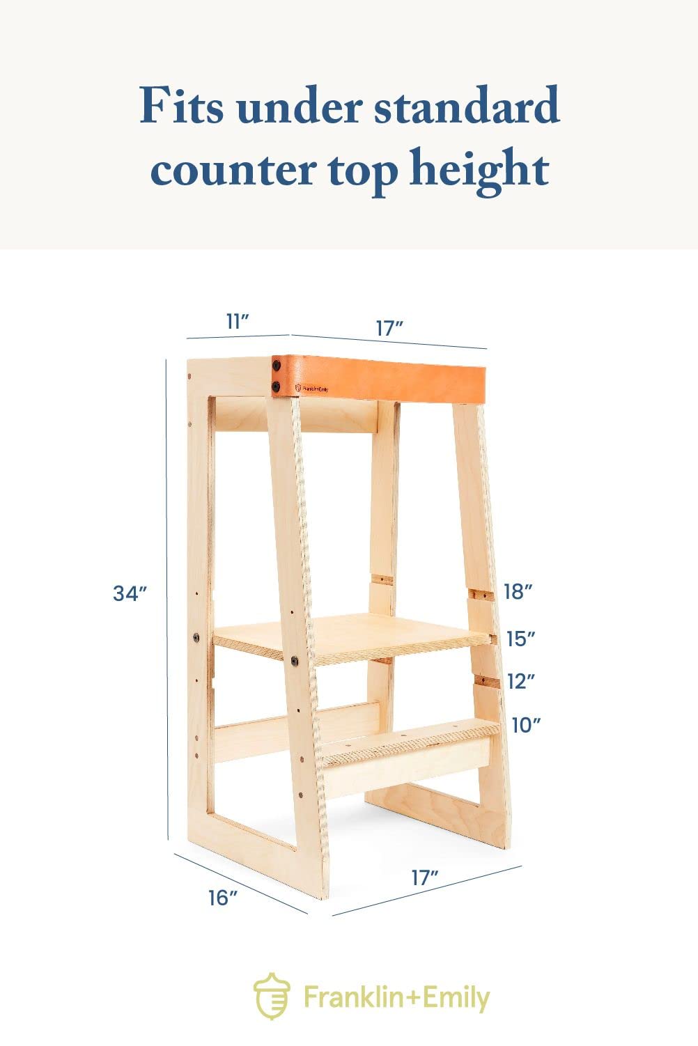 Franklin + Emily Wooden Toddler Tower and Step Stool (Toddler Step Stool with Leather Strap, Kitchen Tower, Safety Stool, Kid Step Stool, Activity Tower, Kid Tower) Franklin + Emily