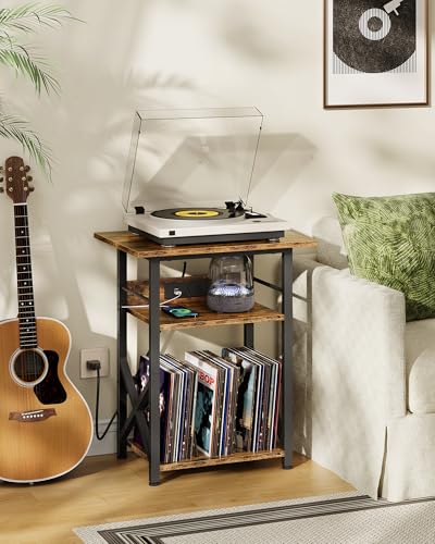 CHOEZON Record Player Stand with Power Outlet, Vinyl Record Storage Side Table, 19" Large Tabletop, Charging Station & Crossed Frame Design for Turntable, Rustic Brown and Black TBZ48UBF CHOEZON
