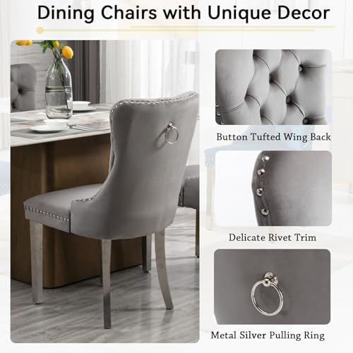 Henf 7 Pieces Faux Marble Dining Table Set for 6, 63"-79" Extendable Dining Room Table and 6 Grey Tufted Chairs Set for 6, Modern Large Expandable Kitchen Table with White Double Columns Base Henf