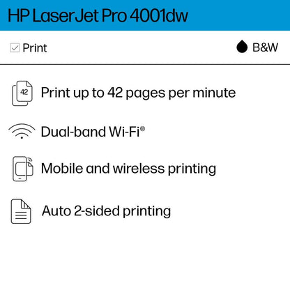 HP LaserJet Pro 4001dw Wireless Black & White Printer, Best-for-Office (2Z601F)