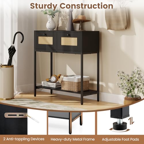 COSTWAY Rattan Console Table, Boho Narrow Sofa Table with 2 Storage Drawers and Open Shelf, 3-Tier Entryway Table with Sturdy Metal Frame for Living Room, Hallway, Foyer, 32 Inch (Black) COSTWAY
