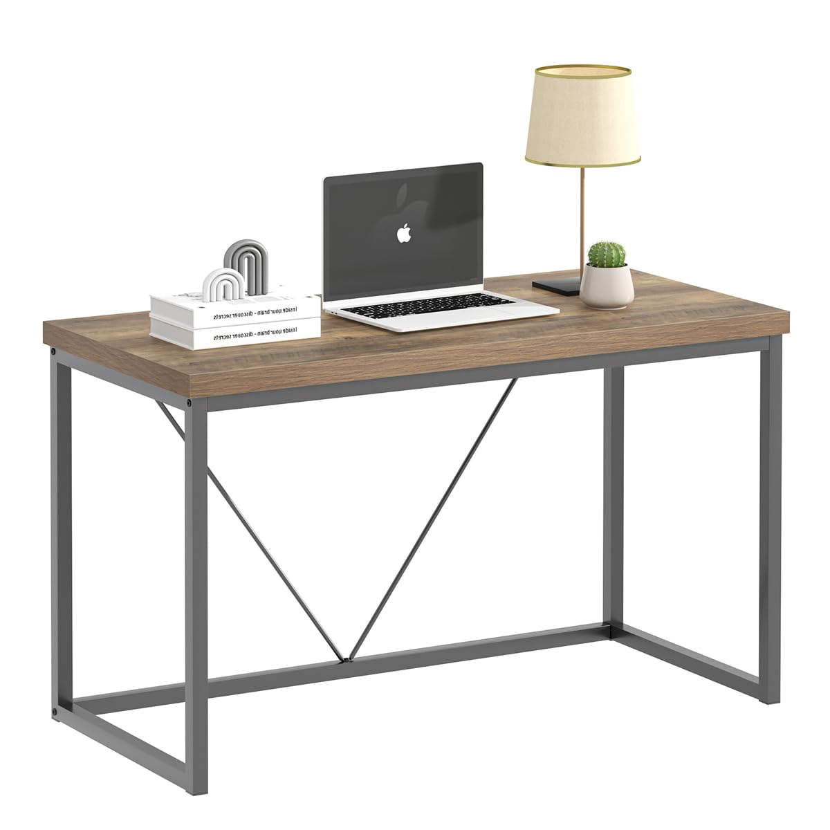 FOLUBAN Modern Home Office Desk, Rustic Wood and Metal Computer Desk, Industrial Study Writing Gaming Table Workstation, Vintage Laptop PC Desk, Oak 47 Inch FOLUBAN