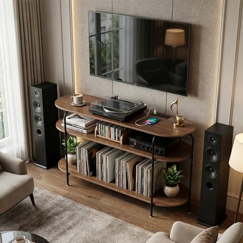 Faesun Large Record Player Stand with Vinyl Record Storage & Power Outlets, Holds 200+ Albums, 3-Tier Turntable Stand for Living Room & Bedroom, Mid Century Round Shelf Design,Walnut Faesun