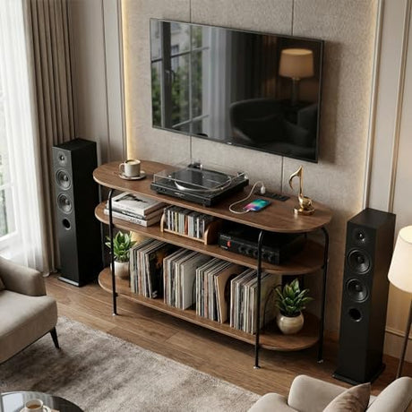 Faesun Large Record Player Stand with Vinyl Record Storage & Power Outlets, Holds 200+ Albums, 3-Tier Turntable Stand for Living Room & Bedroom, Mid Century Round Shelf Design,Walnut Faesun