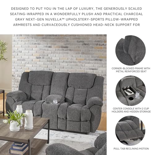Signature Design by Ashley Foreside Contemporary Stain Resistant Manual Double Reclining Loveseat with Console, Storage and Cup Holders, Gray Signature Design by Ashley
