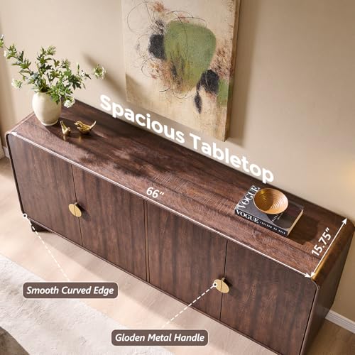 IFGET Modern Buffet Cabinet with Storage, 70" Large Sideboard Buffet Storage Cabinet with 4 Doors and Adjustable Shleves, Wooden Curved Coffee Bar for Dining Room, Kitchen, Living Room, Brown IFGET