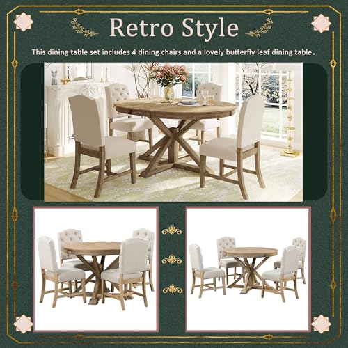 Bellemave Extendable Dining Table Set for 4, 5-Piece Round Table Set with 4 Chairs, Circle Table with Upholstered Chairs, Oval Kitchen Table Set with Extendable Table (Natural Wood Wash) Bellemave