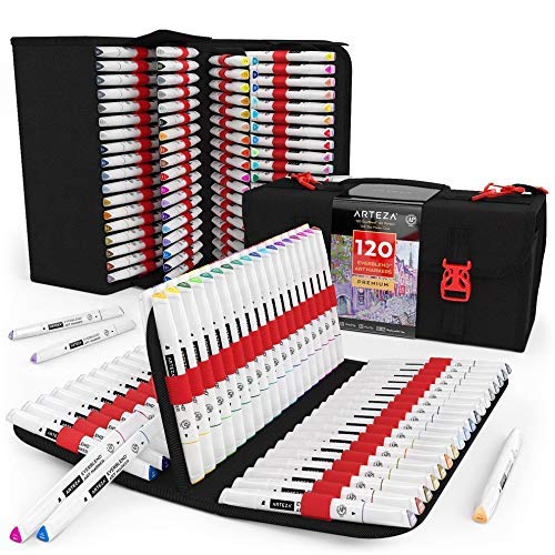 ARTEZA Art Alcohol Markers Set of 120 Colors, EverBlend Dual Tip Markers with 144-Slot Organizer, Fine and Broad Chisel Nib ARTEZA