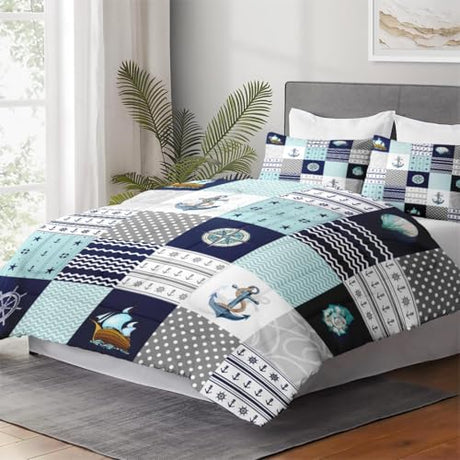 WeCozy Twin Size Comforter Set with Pillowcase, Nautical Blue Marine Summer 2 Pcs Bedding for Kids and Adults, Sea Ocean Boat Plaid Soft Comforter Set for Bedroom Bed Decor WeCozy