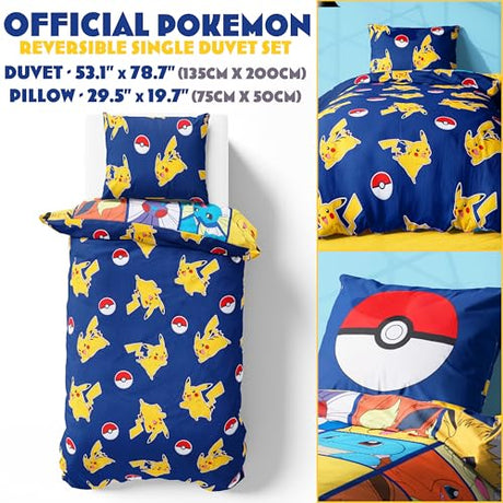 Get Trend Pokemon Single Duvet Cover Set with Pillowcase for Boys, 53"x79", Reversible Pikachu Design, Soft Boys Bedding, Gifts for Kids (Multi Pokemon) Get Trend