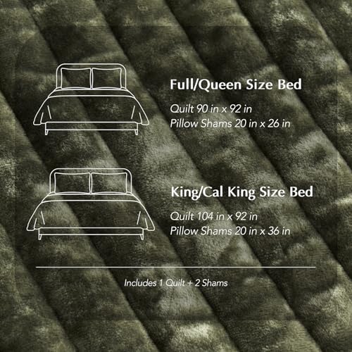EVERGRACE Velvet Quilt Set King Size, Luxurious Soft Striped Channel Bedding Set, Lightweight Velvet Comforter for All Season, Oversized Bedspread Coverlet with 2 Matching Shams, Olive Green EVERGRACE