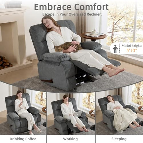 ParlorDream Oversized Rocker Recliner Chair, Overstuffed Extra Wide Manual Rocking Recliner, Adults Chair for Big Man, Reclining Sofa Chairs for Living Room,Grey ParlorDream