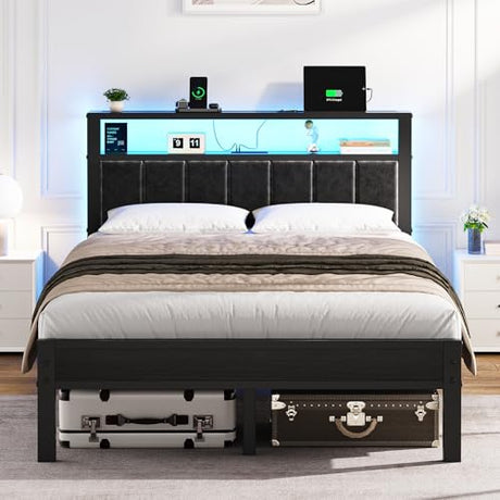 OLEVS Full Size Bed Frame with LED Lights & Charging Station, Modern Platform Bed with Upholstered Storage Headboard, No Box Spring Needed Easy Assembly OLEVS