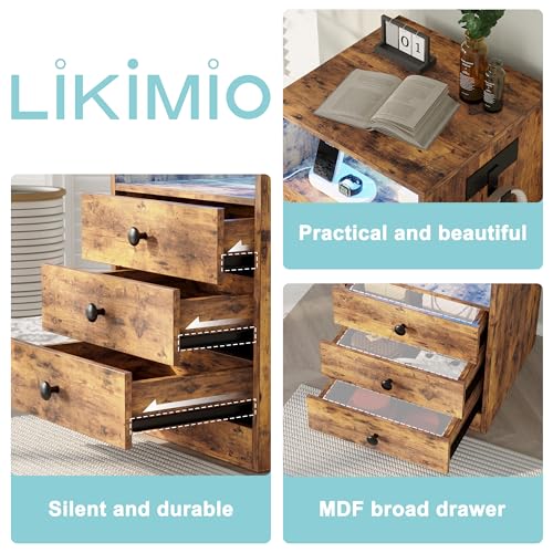 LIKIMIO Nightstand with Charging Station and 3 Drawers, LED Lights End Side Table with Interchangeable sockets and Hooks, Vintage Brown - WoodArtSupply