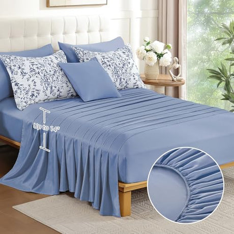 WONGS BEDDING Blue Floral Comforter Set Queen Size, 8 Pieces Flower Botanical Bed in a Bag Bedding Set, Soft Microfiber Comforter, Sheets, Pillowcases & Shams (90"x90") WONGS BEDDING