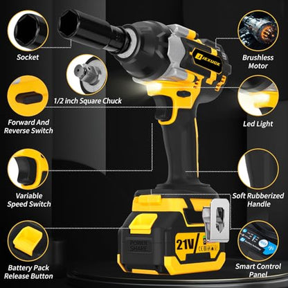 JEXUGK 800N.m Cordless Impact Wrench, 600Ft-lbs 1/2 inch Electric Impact Gun, High Torque Brushless Impact Wrench w/ 2x 4.0Ah Battery, Fast Charger & 5 Sockets for Car Lawn Mower - WoodArtSupply