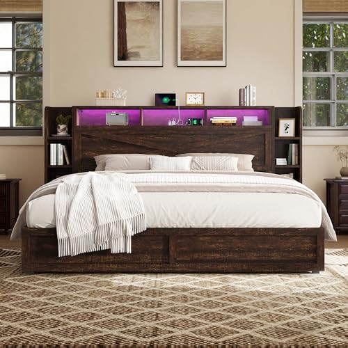 AMERLIFE 45'' Farmhouse King Bed Frame with 4 Drawers, LED Bed Frame with Bookcase Headboard & Side Shelves, Wood Platform Bed with Charging Station, Walnut AMERLIFE