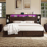 AMERLIFE 45'' Farmhouse King Bed Frame with 4 Drawers, LED Bed Frame with Bookcase Headboard & Side Shelves, Wood Platform Bed with Charging Station, Walnut AMERLIFE