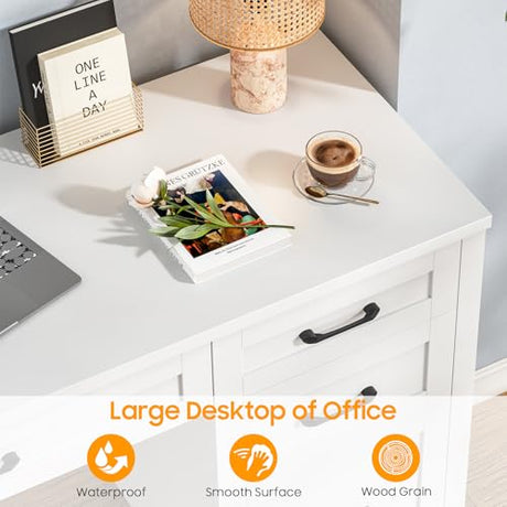 Vabches Farmhouse 47" Executive Desk, Computer Desk with File Drawer and Charging Station, Workstation for Home Office, Study.Cream White Vabches