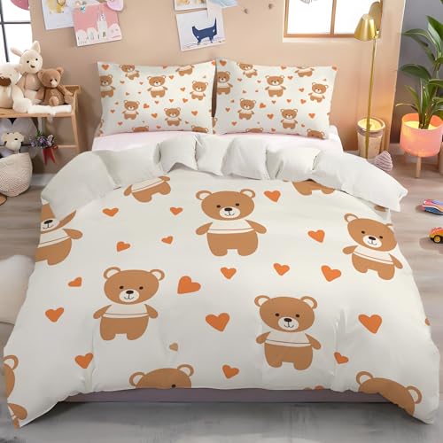 WIVCOMD Twin Duvet Cover Set - Cute Brown Teddy Bear Soft Microfibre Bedding - Minimalist Style Bedding Quilt Cover Set with Pillow Cases, Light Yellow WIVCOMD