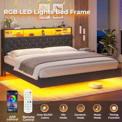 BTHFST King Size Floating Bed Frame with LED Lights, Charging Station & Hidden Storage Headboard in Dark Grey - WoodArtSupply