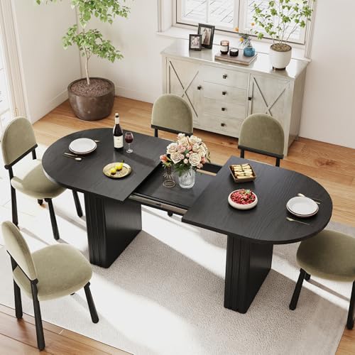 Zevemomo 62.99"-78.74" Oval Expandable Dining Table, Extendable Dining Room Table for 4-8 People with Wooden Strip Base, Modern Kitchen Table with Slide Metal Track, for Family Living Room-Black Zevemomo