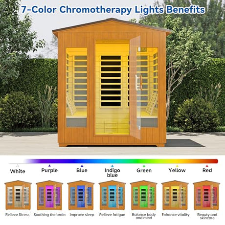 RESTISLAND Outdoor Sauna 4 Person, Far Infrared Sauna for Home Low EMF, Wooden Spa Dry Saunas Room with Infrared Lighting and Integrated Speakers, 7 Colors Chromotherapy for Indoor and Gym RESTISLAND