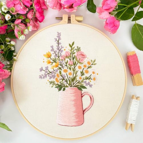 Myfelicity Embroidery kit,Floral Embroidery Art Kit, Set of 3, Decorative Pitcher Designs with Sunflowers and Wildflowers Myfelicity