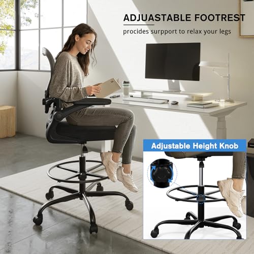 Alolo Drafting Chair,Big and Tall Office Chair with Footrest Ring,Ergonomic Chair for Counter Height and Standing Desk Comfy with Lumbar Support and Flip-up Armrests in Heavy Rolling Base,Black Alolo