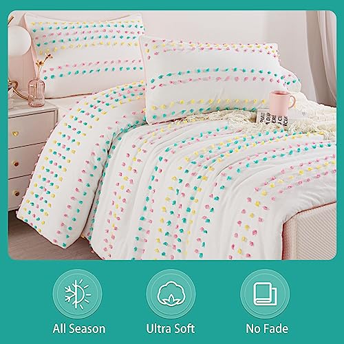 HOMBYS Tufted Pom Poms Bedding Comforter Set for Girls, 3 Piece White Boho Jacquard Kids Comforter Set for All Season，Twin/Twin XL Size HOMBYS