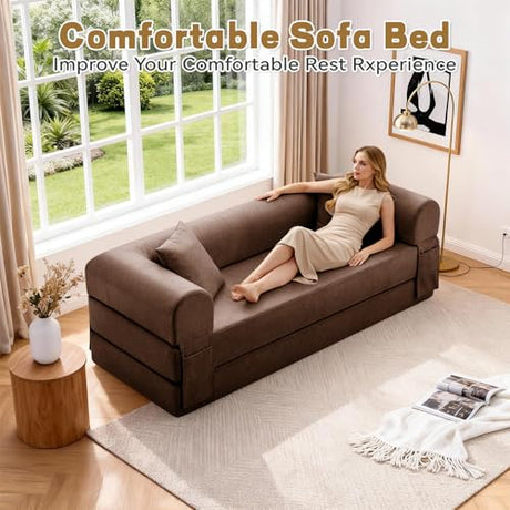 GJQ Convertible Sleeper Sofa Bed,78.5 Inch Faux Leather Futon Couch with Pillows & Storage Pocket,5-in-1 Folding Sofa Bed Queen with Pull Out Beds,Boneless Couches for Living Room,Couch in a Box,Brown GJQ