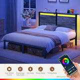 Rolanstar Full Size Bed Frame with Charging Station, LED Full Bed Frame with Wood Storage Headboard, Platform Bed with Metal Slats & Under Bed Storage, No Box Spring Needed, Noise Free, Deep Grey Rolanstar
