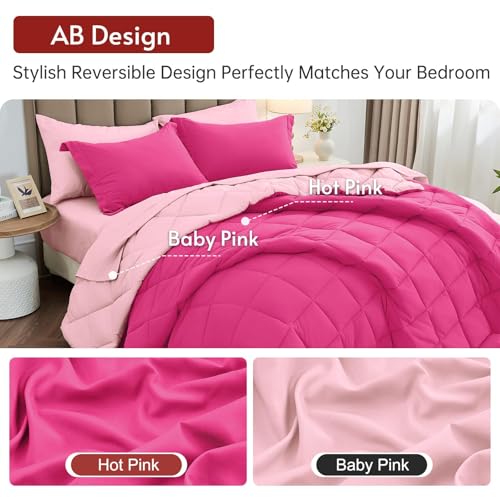 MUXHOMO 7 Pieces Full Comforter Set, Reversible Bed in a Bag Full Size, All Season Bedding Set with Comforter, Flat Sheet, Fitted Sheet, Pillowcases & Shams, Hot Pink & Baby Pink MUXHOMO