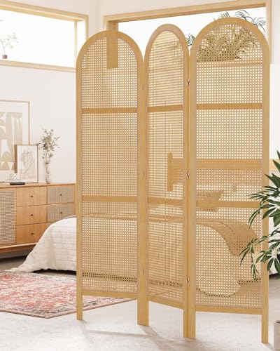 Svimi Room Dividers and Folding Privacy Screens, Pine Wood 5.6 Ft Double Hinged Rattan Partition Freestanding Wall Room Divider for Home - 3 Panels (Natural) Svimi