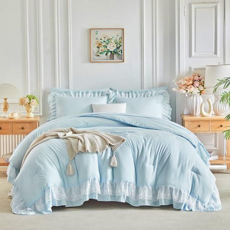 Joyreap Lace Ruffle Bed in a Bag Blue, Twin Size Microfiber 6pcs Ruffled Comforter Sheet Set for Girls, Princess Style Vintage Boho Chic Bedding Comforter Set for All Season Joyreap