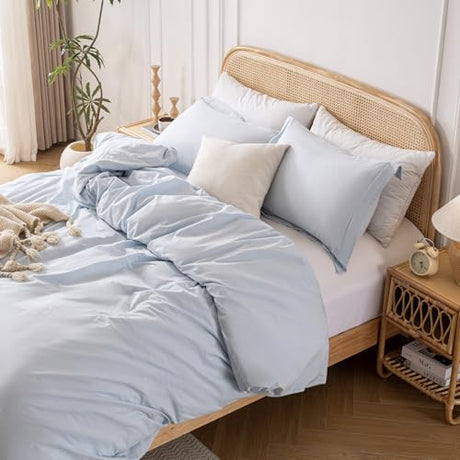 Yibeizi Light Blue 100% Washed Cotton Linen Like Duvet Cover Set Full Size, 3 Pieces, 1 Duvet Cover 80x90 Inches and 2 Pillow Shams, Soft Breathable Comforter Covers Zipper Closure Yibeizi