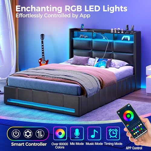 Rolanstar Bed Frame Twin Size with Lift Up Storage, Charging Station & LED Lights, Upholstered Storage Headboard, Heavy Duty Wooden Slats, No Box Spring Needed, Noise Free, Easy Assembly, Black Rolanstar