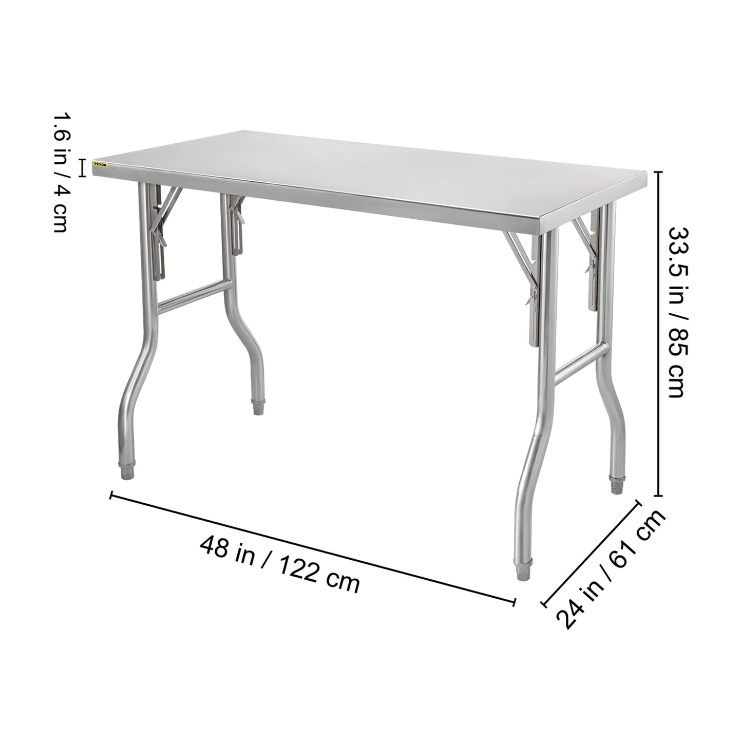 VEVOR Commercial Worktable Workstation 48 x 24 Inch Folding Commercial Prep Table, Heavy-duty Stainless Steel Folding Table with 661 lbs Load, Kitchen Work Table, Silver Stainless Steel Kitch - WoodArtSupply