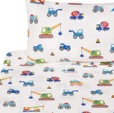 J-pinno Build Construction Engineering Vehicle Cars Trucks Crane Digger Cartoon 100% Cotton Twin 3 Pieces Sheet Set Decoration Kids Boys Children Flat Sheet + Fitted Sheet + Pillowcase Bedding Set J-pinno