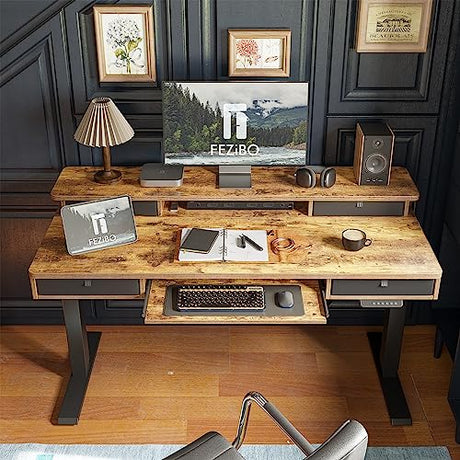FEZIBO Height Adjustable Electric Standing Desk with 4 Drawers and Keyboard Tray, 55 x 24 Inch Table with Storage Shelf, Sit Stand Desk with Splice Board, Rustic Brown FEZIBO