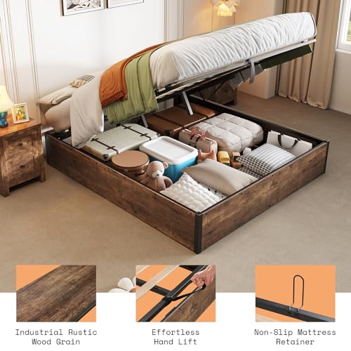 AMERLIFE Lift Up Storage Bed, Full Bed Frame with Storage Underneath, Wooden Platform Bed Frame, Solid Wood Slats Support, No Fixed Headboard, No Box Spring Needed, Brown AMERLIFE