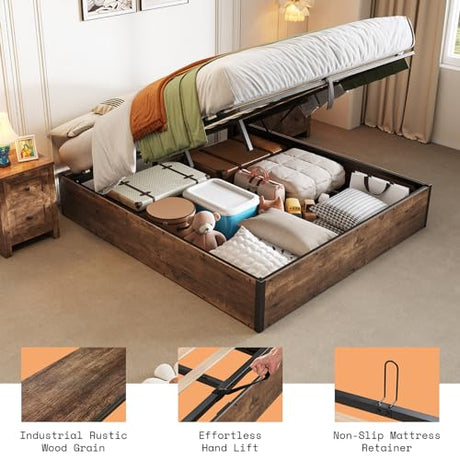 AMERLIFE Lift Up Storage Bed, Full Bed Frame with Storage Underneath, Wooden Platform Bed Frame, Solid Wood Slats Support, No Fixed Headboard, No Box Spring Needed, Brown AMERLIFE