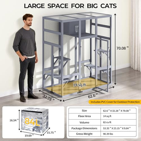 COZIWOW Large Outdoor Cat Cage with Insulated Cat House, 3-Tier Jump Platform, PVC Weatherproof Cover, Removable Cushion, DIY Art Back Door, Wooden Construction, Fits Big Cats, 62.6 x 32.3 x 70 Inches COZIWOW