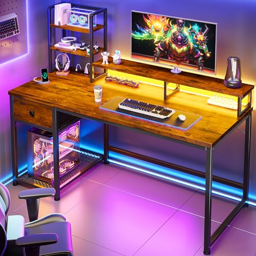 EnHomee 44 Inch Computer Desk with Hutch and Drawers,Reversible Home Office Desk with Monitor Shelf,Small Gaming Desks with USB Power Outlets,Writing Table for Office with LED Lights,Rustic Brown EnHomee