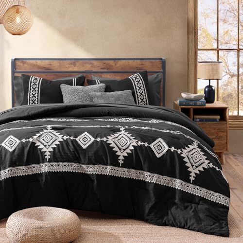 MaiRêve Embroidery Queen Size Comforter Set Black, Boho Farmhouse Western Bedding Set 7 Pieces, All Season Bed in A Bag Comforter Set with Sheets, Pillowcases & Shams MaiRêve