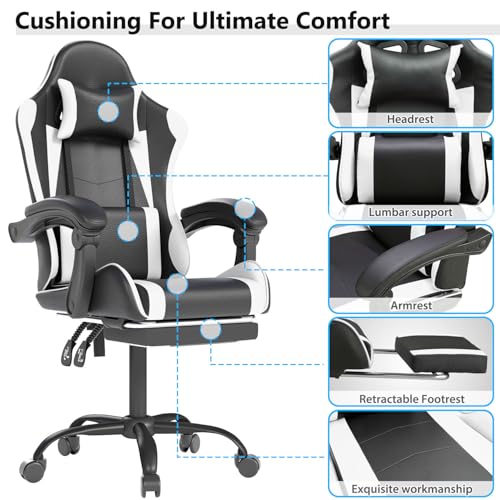 OS MOTOR Gaming Chair with Headrest and Lumbar Support, Ergonomic High Back Office Chair, Racing Style Executive Computer Desk Chair, Leather Adjustable Swivel Task Chair for Home Office (White) OS MOTOR