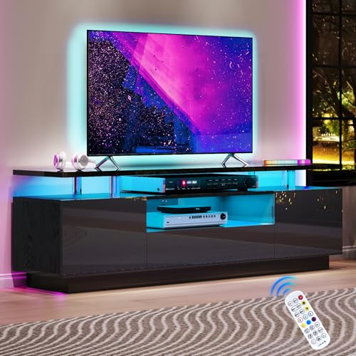 AMERLIFE 70" High Gloss TV Stand with LED Lights, 2 Tier TV Console Table for TVs Up to 80in, Modern Entertainment Center with Storage Cabinet & Open Shelf, Living Room, Black