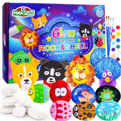 Max Fun Sea Shell & Rock Painting Kit, 2 ON 1 Glow in The Dark DIY Halloween Arts & Crafts Gifts for Kids Ages 4-12, Craft Activities Kits Creative Art Paint Toys for Boys Girls Birthday Part - WoodArtSupply