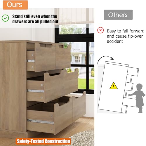 HOSTACK Modern 6 Drawer Dresser for Bedroom, Double Chest of Drawers with Storage, Large Wooden Storage Dresser Organizer with Cut-Out Handle, Accent Storage Cabinet for Living Room, Rustic Brown HOSTACK